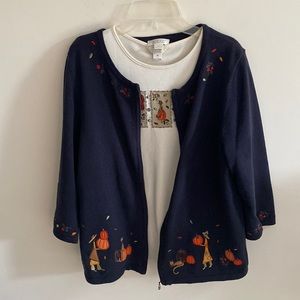 Christopher & Banks Navy Pumpkin Patch Cats Fall Leaves Sweater Set